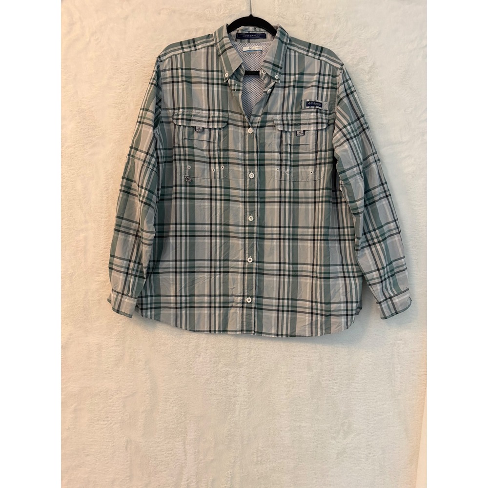 Columbia PFG Super Bahama Fishing Shirt Mens XL Green Plaid Long Sleeve
